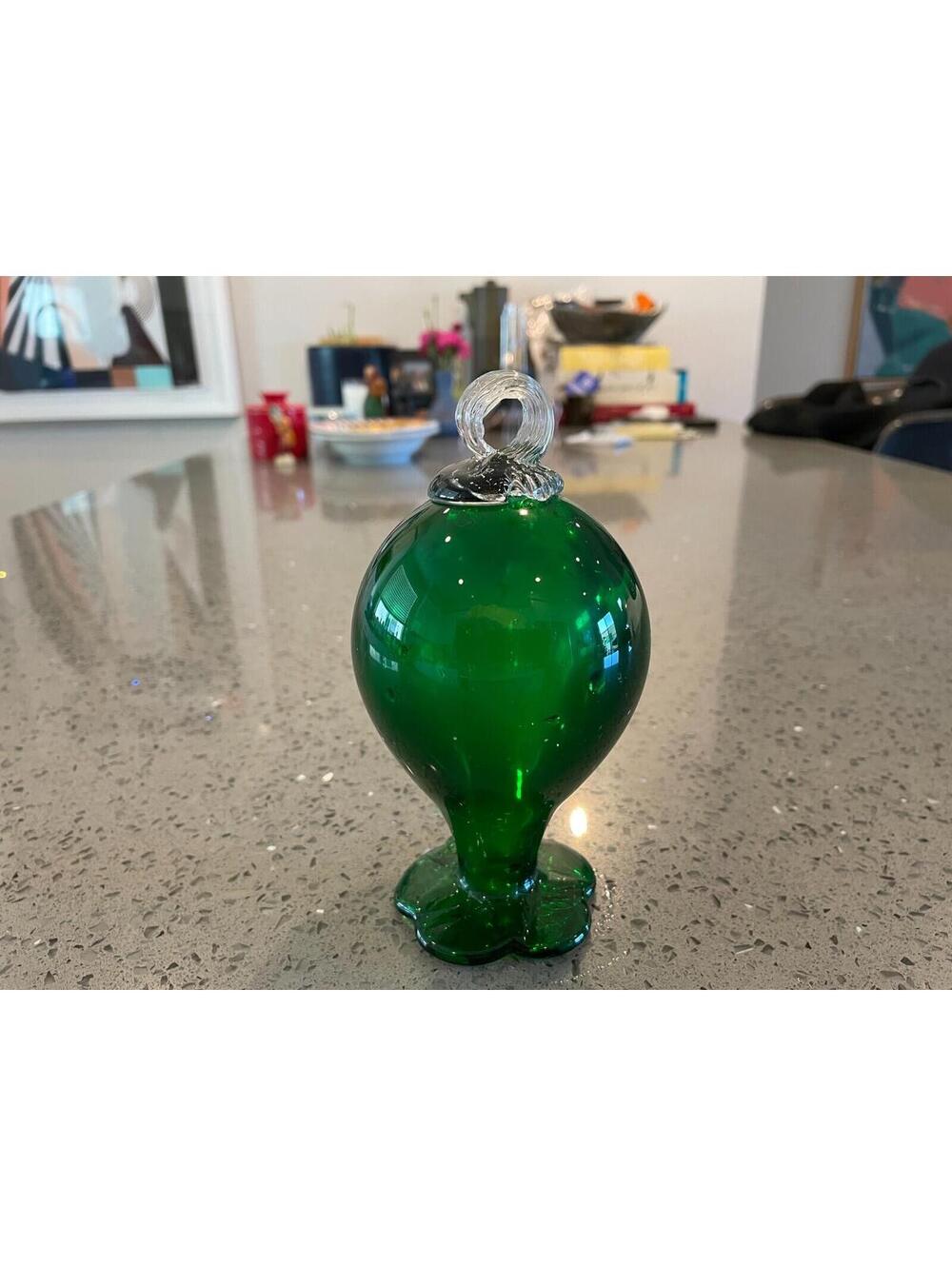 Hand Blown Green Glass Ornament Vintage Blown Glass Globe wFeet and Hook on Top